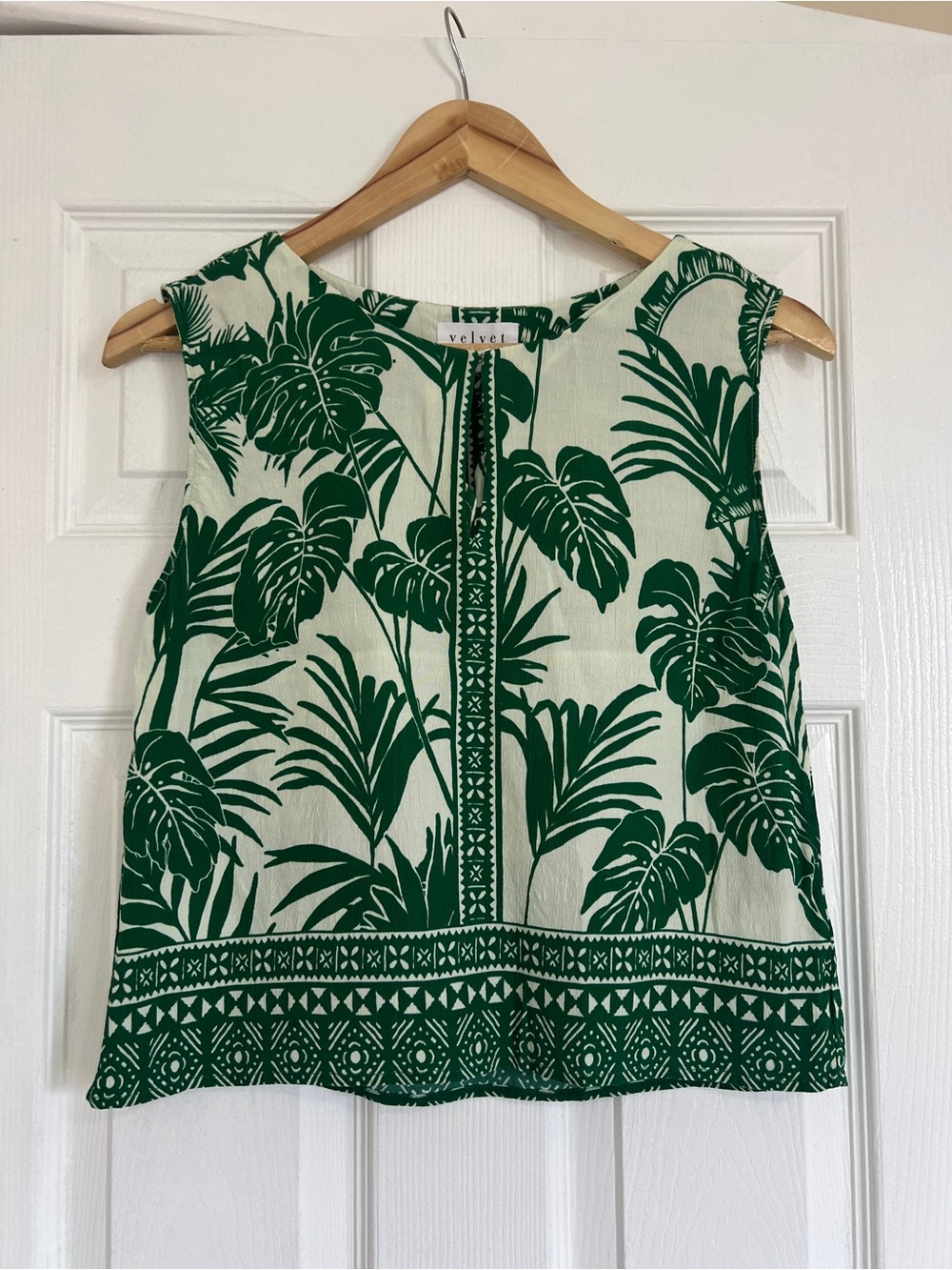 Velvet Green and Cream Tropical Print Sleeveless Top